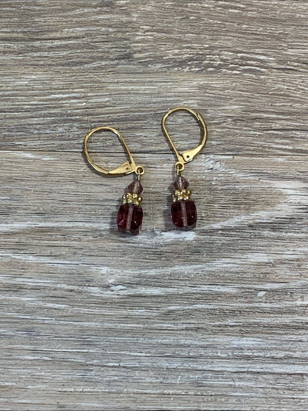 Gold Tone Earrings with Deep Red Beads